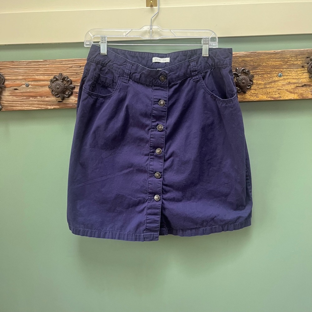Per Se Womens Navy Blue Button Front Cotton Stretch Mini Skirt Size 12